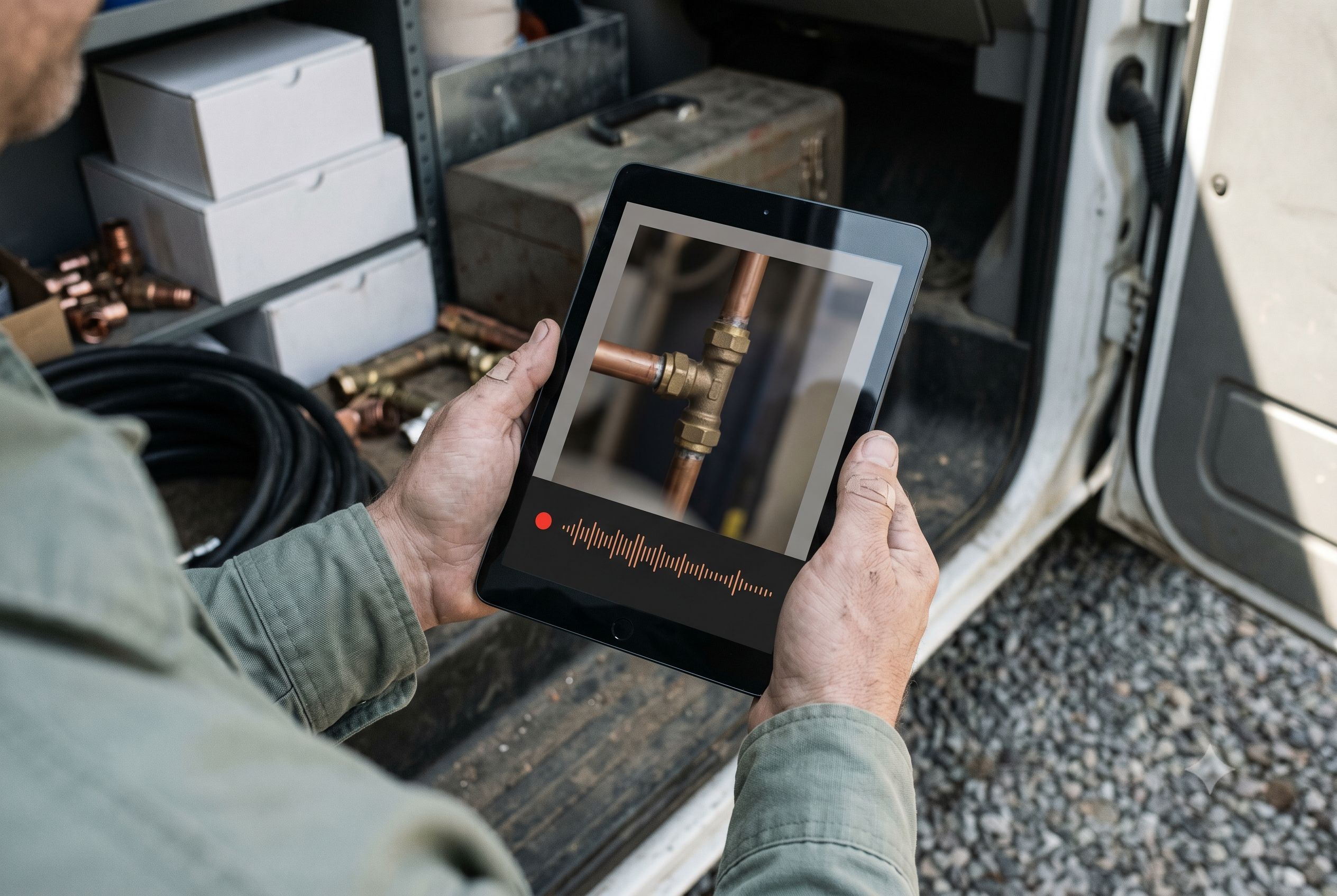 A service tech in a van using a tablet to capture a photo of equipment with voice notes.