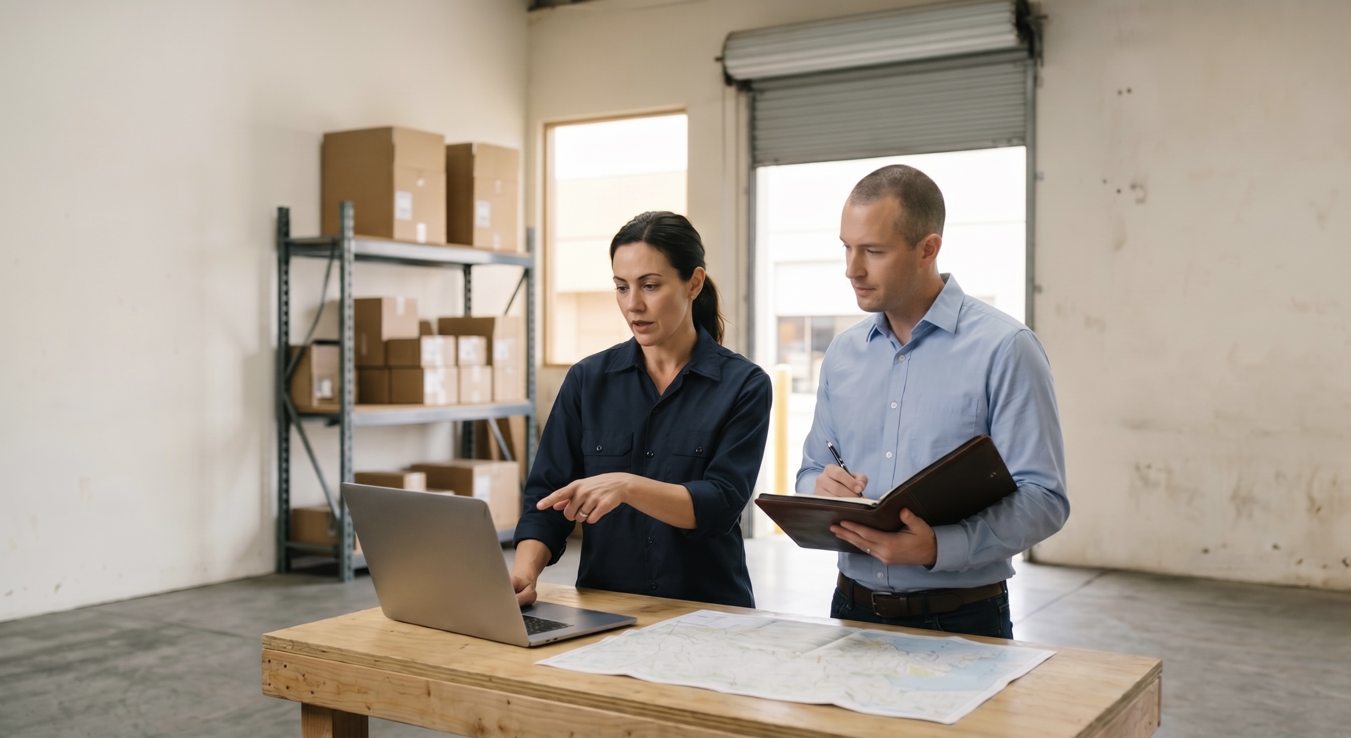 The owner of an HVAC business stands shoulder-to-shoulder with a consultant at a wooden workbench in her service warehouse, both reviewing a dispatch dashboard on an open laptop while a printed route map sits beneath it.