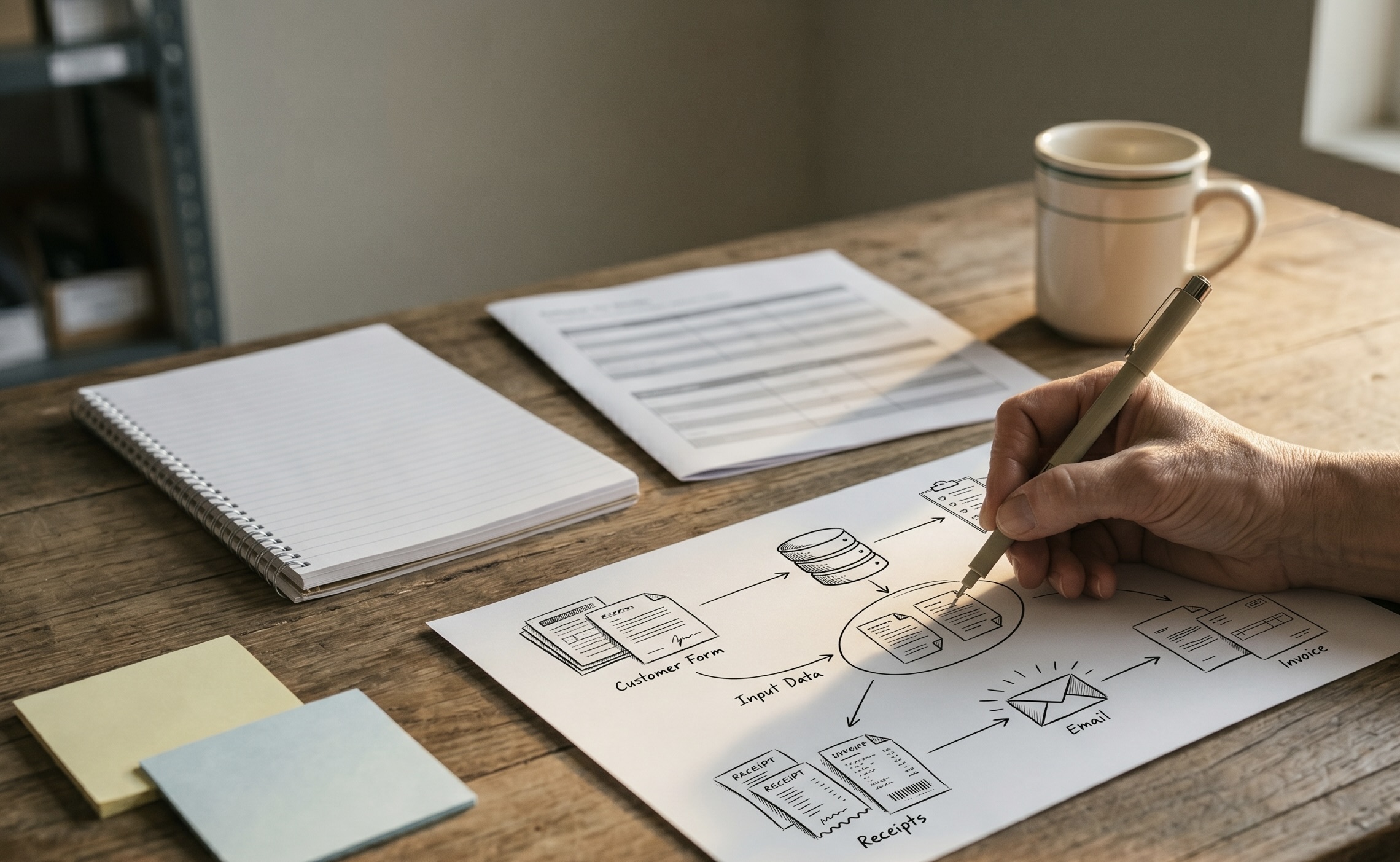 An owner sketching a roadmap by hand on a wood counter, mapping out where to invest.